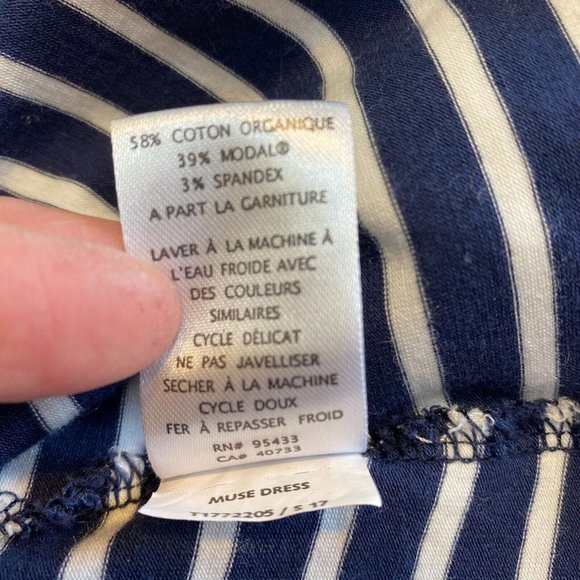 Toad & Co Muse Dress S Midi Stripe Navy Blue White Scrunch Ruche Tie Side V-Neck - Picture 11 of 12